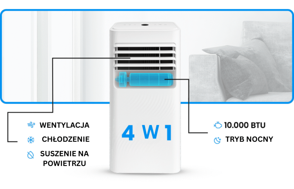 4 w 1 Klimatyzator - Wentylacja, Chłodzenie, Suszenie na powietrzu, 10,000 BTU Tryb nocny